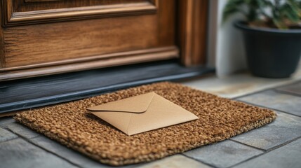 Craft envelope sits on a doormat by a wood door entrance. For blog, advertising, or announcement, mail delivery, or direct marketing.