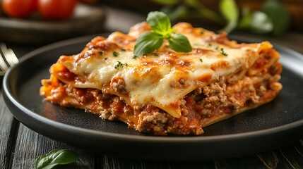 A plate of lasagna with cheese and meat on it