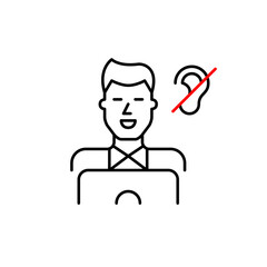 Man at laptop and ear crossed with red line. Accessibility for deaf or hard-of-hearing individuals in digital workspaces. Productive noise free working environment. Pixel perfect, editable stroke vect