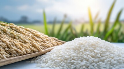 Harvested Rice Grains and White Rice on Wooden Table Outdoors