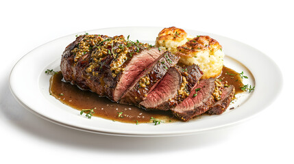 Perfectly Roasted Sirloin of English Beef with Savory Gravy and Side of Creamy Mash