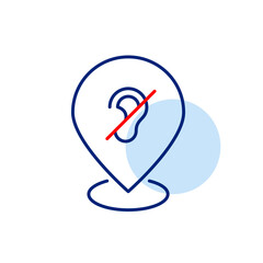 Map pointer with ear crossed out. Hearing impaired people facilities. Inclusive work or society place. Pixel perfect, editable stroke icon