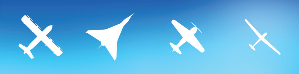 bomber, supersonic aircraft, small private airplane, light glider. Flat vector illustration isolated on white