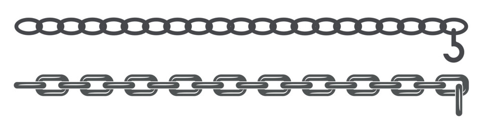 Chain solid icon set. Connection concept. A thin chain with a hook and a thick ship chain. Flat vector illustration isolated on white background.