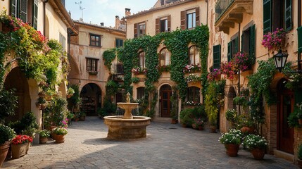 Fototapeta premium Charming Italian Courtyard with Flowering Plants, Fountain, and Rustic Architecture in Sunlight