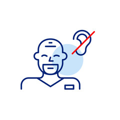 Fototapeta premium Male doctor or nurse and ear crossed symbol. Audiologist, otolaryngologist treating hearing loss. Health services designed for deaf or hard-of-hearing patients, such as sign language communication. Pi