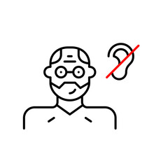 Older man with glasses and ear crossed out. Age-related hearing loss. Senior people care. Quiet environment for seniors. Pixel perfect, editable stroke vector icon