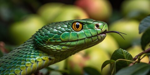 Obraz premium Green snake resting among fresh green apples in a garden during daylight