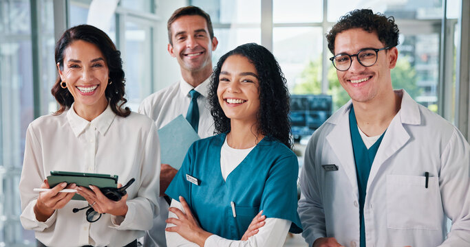 Happy people, portrait and doctor with team in confidence for health development or assistance at hospital. Face, group or medical employees with smile or tablet for healthcare help or clinic advice