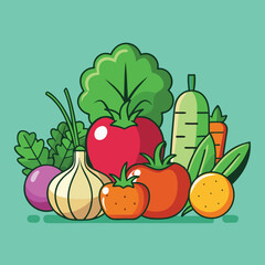 Fresh Vegetables and Herbs Vector Illustration, A colorful vector illustration of fresh vegetables and herbs, including tomatoes, garlic, carrots, and leafy greens.
