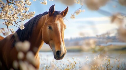 Fototapeta premium Majestic Horse in Blooming Spring Landscape with Cherry Blossom Trees and Calm Water Background