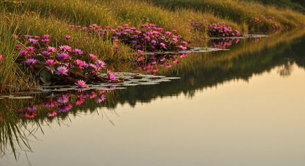 Blooming Mindfulness Spring Flowers and Mental Clarity , Vibrant water lilies reflecting on a serene pond at sunset, symbolizing peace and clarity
