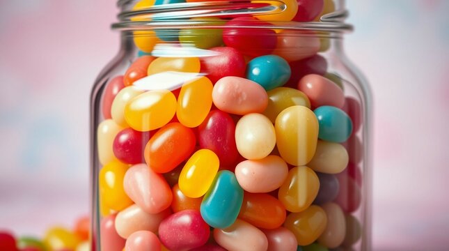 Close-up of a glass jar filled with colorful jelly beans against a soft pastel pink and blue background

