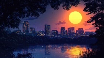 Fototapeta premium A beautiful city skyline at sunset reflected over tranquil water