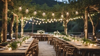 Fototapeta premium Outdoor dining setting with wooden tables and chairs,