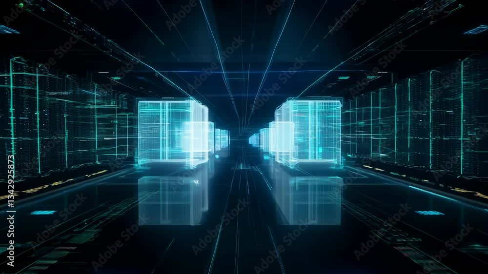 Poster Virtual data center corridor with cloud servers providing compute power