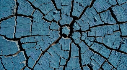 Obraz premium Close-up of a cracked blue tree stump with deep radial fissures, creating a striking weathered pattern that highlights the natural beauty of aged wood.