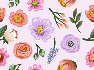 Floral seamless pattern of colorful flowers and leaves,   floral and plants wallpaper background for your design , wrapping paper,  fabric