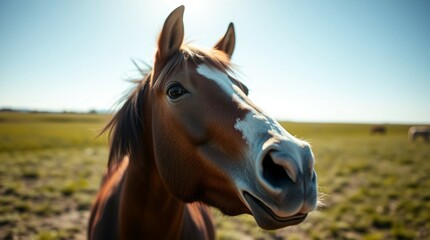 Obraz premium Close-up of a curious brown horse with a white blaze on its face standing in a green pasture, looking directly at the camera with expressive eyes and ears perked up.