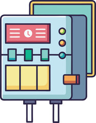 Electric timer control panel vector with switches, Vector illustration of an electric timer control panel with buttons, switches, and a digital display, featuring a modern and colorful design.
