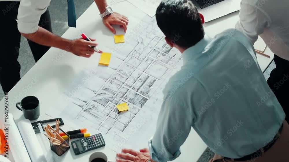 Aufkleber top view of professional architect engineer team writing sticky notes and sticking note at meeting t