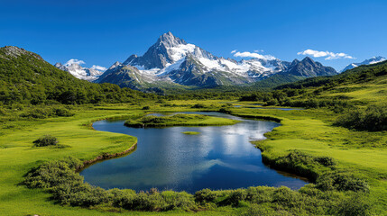 scenic mountain view with winding river and lush greenery
