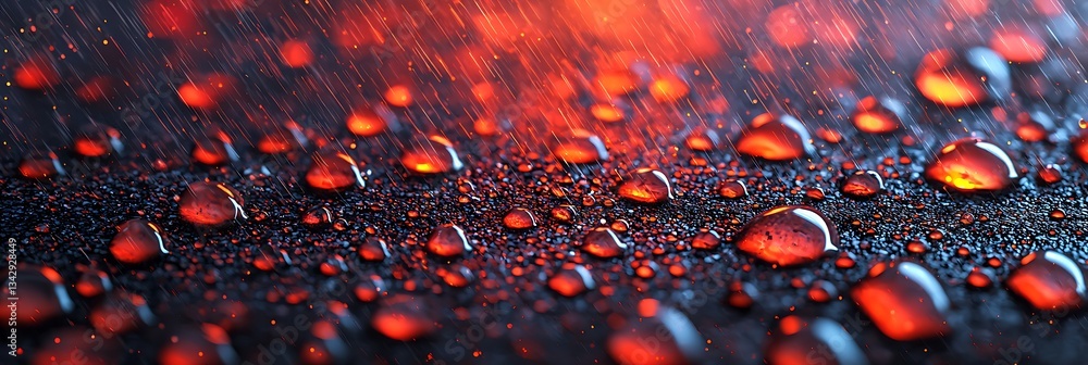 Poster a close-up of shimmering droplets on a dark surface, illuminated by a warm light, creating a captiva