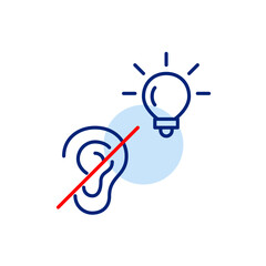 Crossed ear and light bulb. Ideas for hearing impaired people inclusivity. Muted smart home lighting. Pixel perfect, editable stroke vector icon