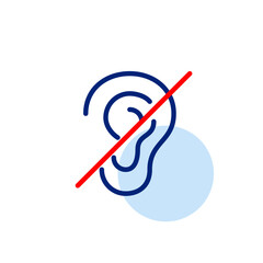 Ear crossed out with red line. Silent mode, audio playback off. Hearing impaired or deaf people friendly environment. Pixel perfect, editable stroke vector icon