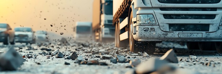 Fototapeta premium A busy road with trucks navigating through debris and dust, highlighting the challenges of transportation in rough conditions.