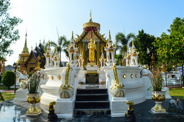 Fototapeta premium Pagoda and Chapel, Lanna Architecture, Symbols of Buddhism, South East Asia at San Pu Loei Saleewiangkaew Temple, Chiang Mai, Northern Thailand
