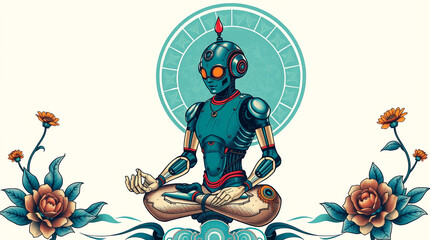 Cybernetic robotic monk sitting in a meditative lotus position surrounded by intricate floral designs, blending futuristic artificial intelligence and spiritual philosophy.

