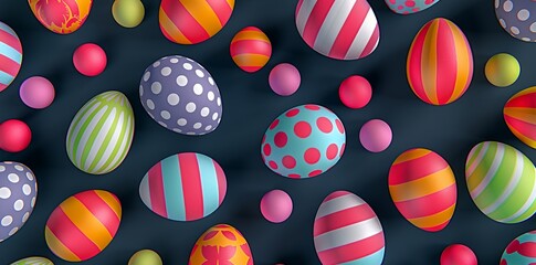 Vibrant Easter eggs with polka dots and stripes, arranged in an abstract artistic pattern on a dark blue background. A perfect festive design for holiday decorations, greeting cards, and digital artwo