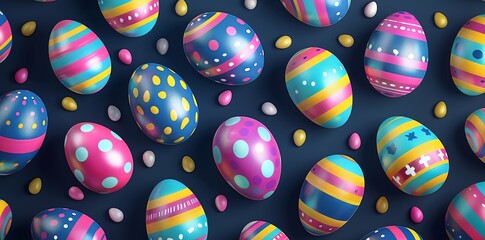 Vibrant Easter eggs with polka dots and stripes, arranged in an abstract artistic pattern on a dark blue background. A perfect festive design for holiday decorations, greeting cards, and digital artwo