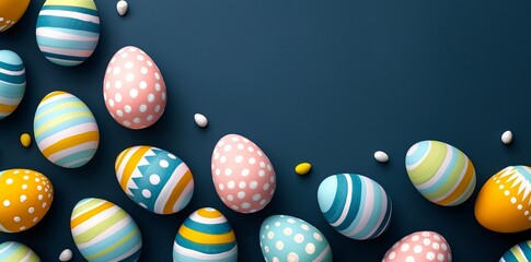 Vibrant Easter eggs with polka dots and stripes, arranged in an abstract artistic pattern on a dark blue background. A perfect festive design for holiday decorations, greeting cards, and digital artwo