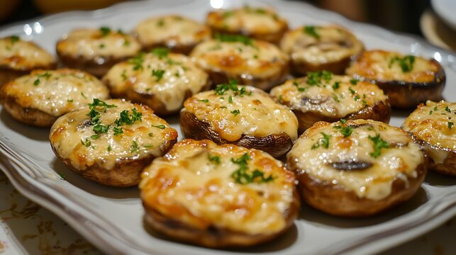 A platter of cheesy mushroom croustades or cheesy mushroom discs toated for a starter