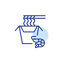Asian takeaway noodles box with chopsticks and shrimp. Seafood allergies, Japanese cuisine. Pixel perfect, editable stroke vector icon