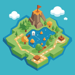 Isometric game world with volcano and adventure path, A vibrant isometric illustration of a game world with a volcano, lake, and adventure path surrounded by trees and colorful terrain.

