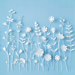 Fototapeta premium Elegant seamless pattern with white wildflowers in paper cut style on a pastel blue background. Perfect for textile design, wallpapers, gift wrapping, and Easter-themed creative projects.