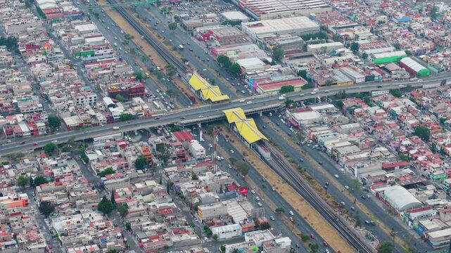 Telephoto drone view of a metro station in Ecatepec, Mexico