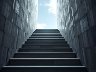 Obraz premium Concrete Staircase Leading to Sky, Urban Architecture, Modern Building, Step to Success Concept, Blue Sky.