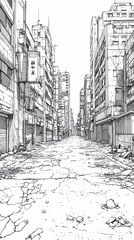 Urban Cityscape with Abandoned Buildings and Cracked Streetscape