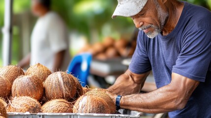 Local Man Preparing Coconuts for Sale at Outdoor Market Stall