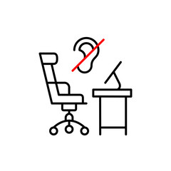 Office chair, computer desk and ear crossed. Hearing impaired workers, inclusive work environment. Confidential discussion or focused work session. Pixel perfect, editable stroke vector icon
