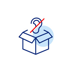 Open parcel and ear crossed out symbol. No audio update on shipment tracking. Pixel perfect, editable stroke vector icon