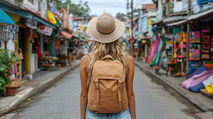 Obraz premium Exploring vibrant streets, solo traveler enjoys hidden food spots