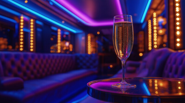 Champagne glass on table in luxury nightclub setting