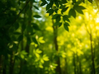 Obraz premium Lush Green Forest Sunlight Through Tree Leaves, Nature Landscape, Nature Background, Ecology, Environment, Nature Scenery.