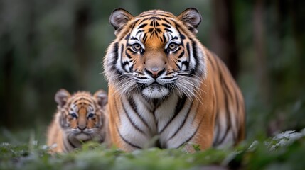 Fototapeta premium Majestic tiger mother and cub in nature