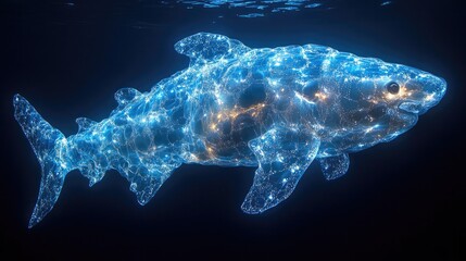 Highlight the captivating beauty of a bioluminescent deep-sea shark glowing in the dark ocean abyss, showcasing the wonders of marine life.
